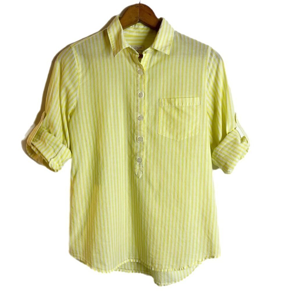 J. Crew Women's Stripe Pocket Popover Shirt XS Yellow Roll Tab Long Sleeve 45494